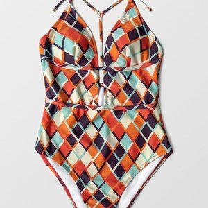 Geometric Print Plunging One Piece Swimsuit